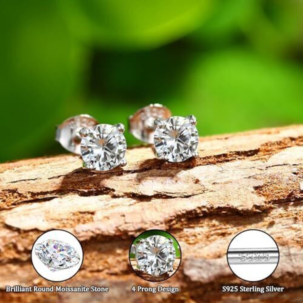 9755 Moissanite Stud Earrings : 18K White Gold Plated Solid 925 Sterling - Picture 5 of 7